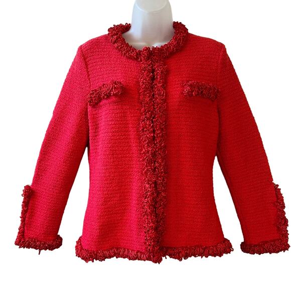 VINTAGE 90s Christian A Chenille Trim Sweater Knit Wool Cardigan Jacket Size S - Picture 1 of 6